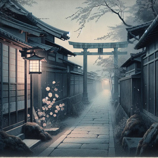 A tranquil Kyoto alley at night featuring a wooden torii gate softly lit by a paper lantern, a cherry blossom branch with drifting petals, and aged wooden walls bathed in muted traditional colors.