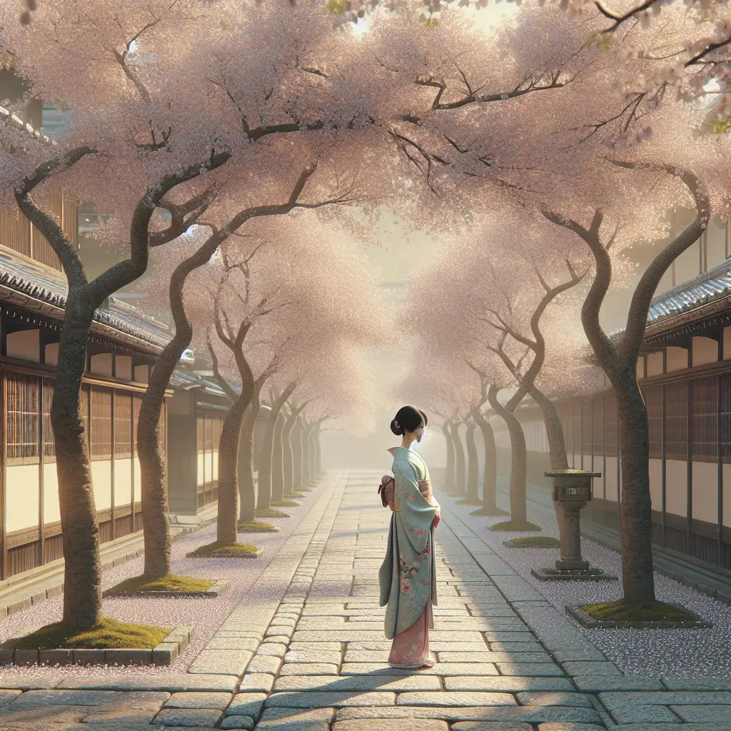 A serene Kyoto street lined with cherry blossom trees and a young woman in an elegant silk kimono walking peacefully along a historic path in spring.