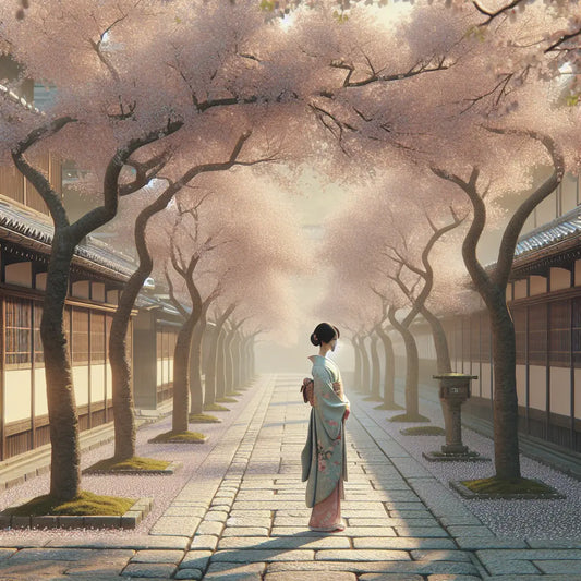 A serene Kyoto street lined with cherry blossom trees and a young woman in an elegant silk kimono walking peacefully along a historic path in spring.