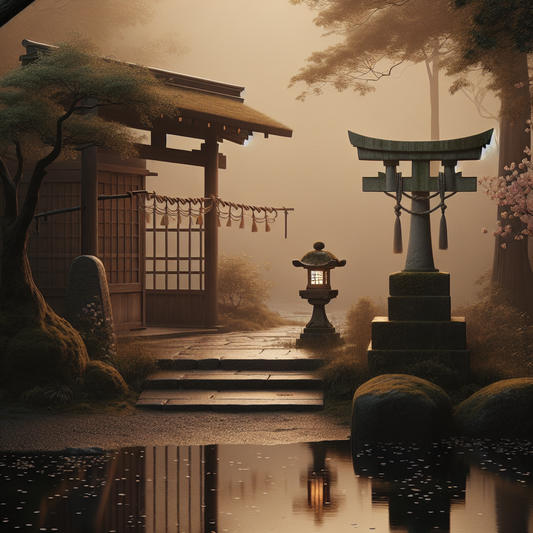 A tranquil Kyoto alley at dusk featuring a moss-covered stone lantern and a wooden torii gate with a protective shimenawa rope, symbolizing boundary and age restriction in a serene, minimalist Japanese style.