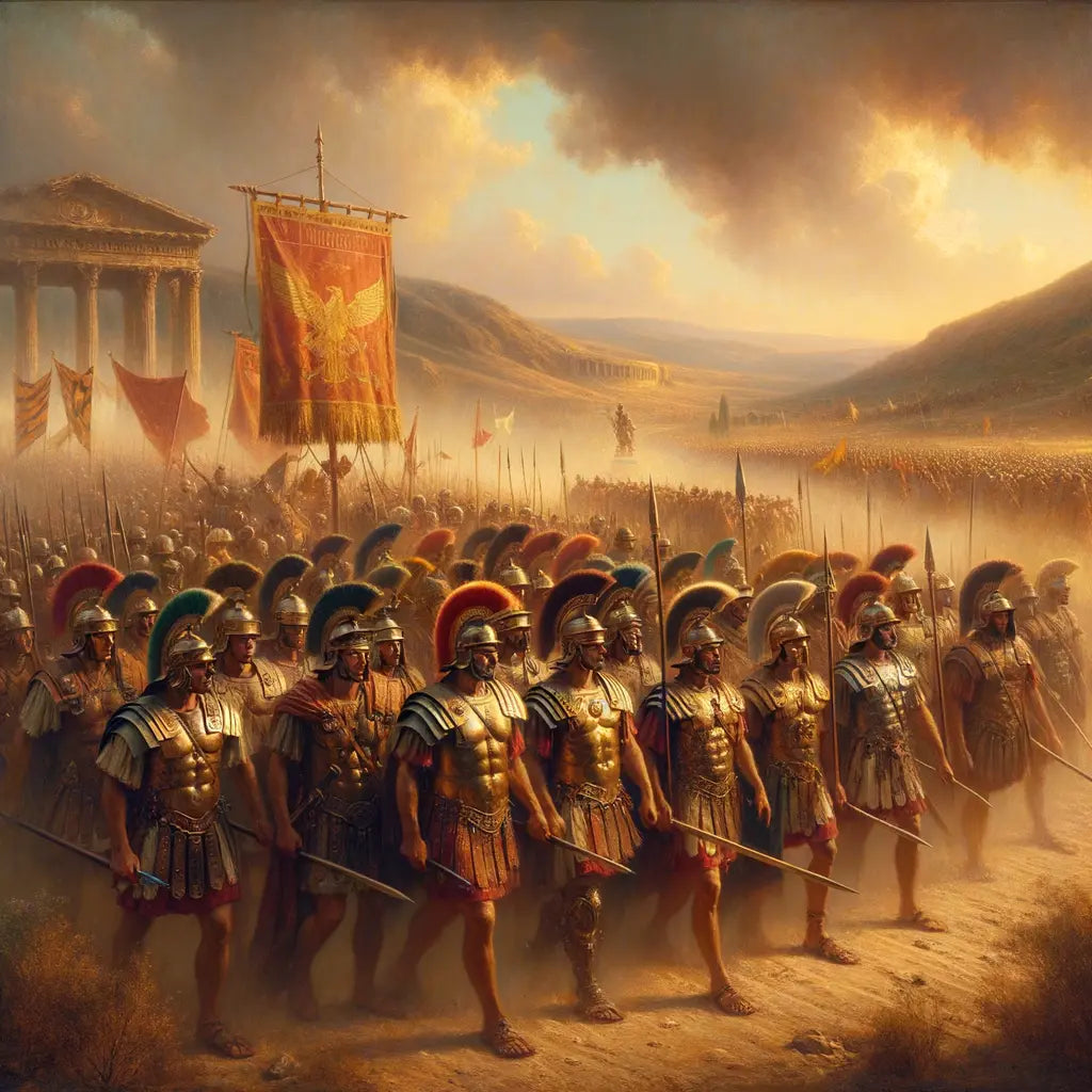 Roman soldiers in detailed armor marching through a dusty battlefield, banners raised high, embodying Rome's military prowess in a cinematic 1960s style.