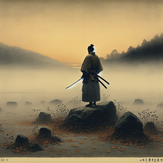 A lone samurai standing quietly on a misty battlefield at dawn holding a katana, presented in a minimalistic, serene Japanese style evoking historical transition.