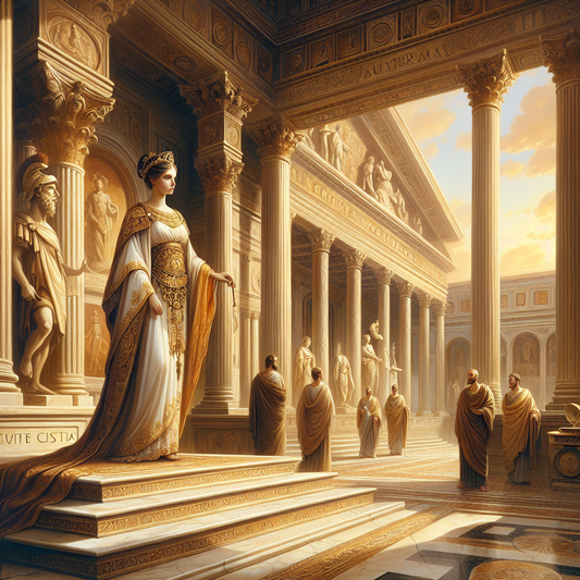 Lucilla Aurelius stands regally amid Roman imperial symbols and classical architecture, surrounded by elements of Stoic philosophy, in a warm, painterly style inspired by 1960s historical epics.
