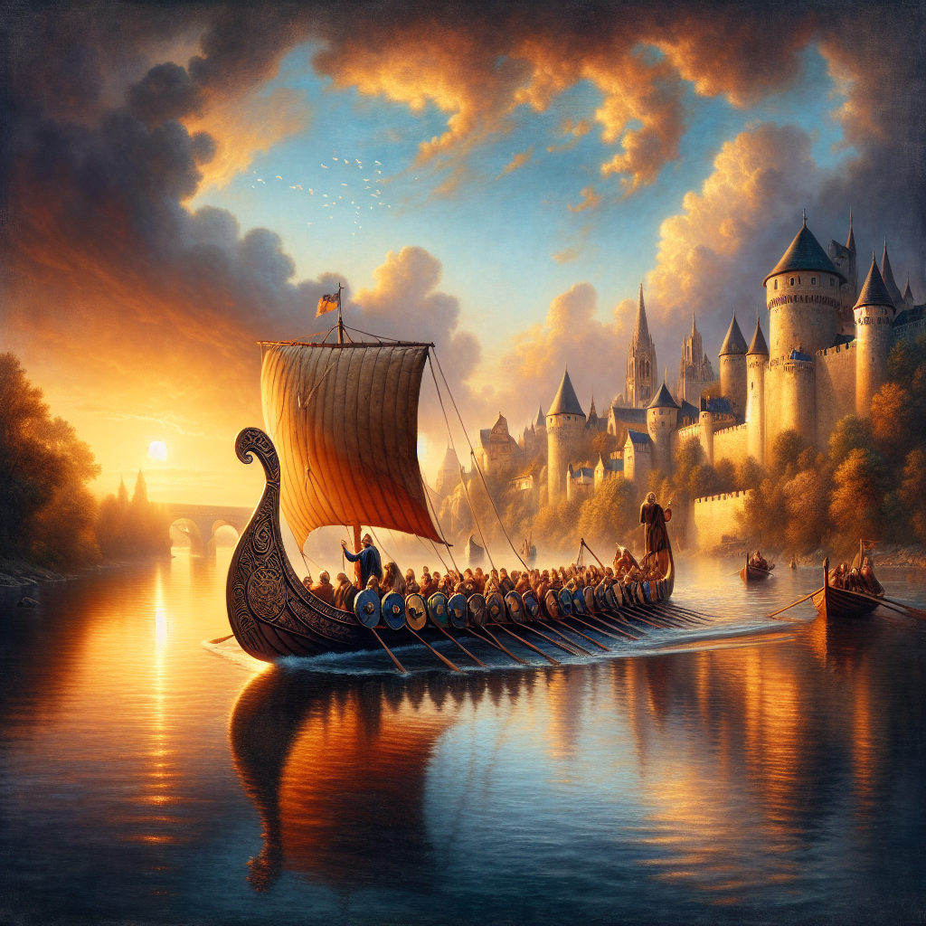Luxurious Viking ship cruising a calm European river at sunset, passing medieval castles under a warm golden sky, painted in a realistic 1960s historical epic style.