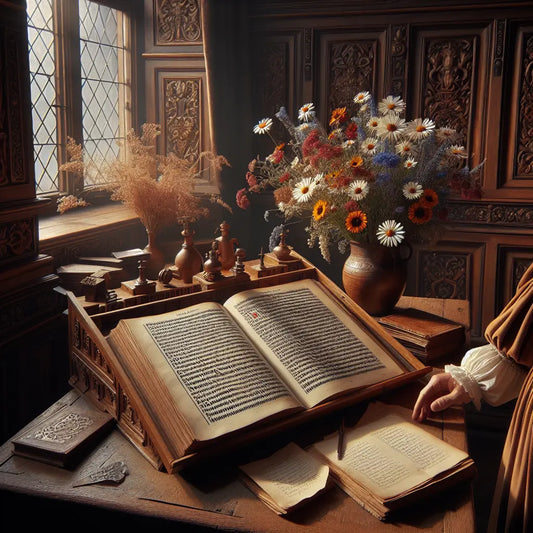 Illustration of a traditional German grammar book with the word M�e4dchen, feminine and neuter symbols, surrounded by German flowers in a warm, historic study setting.