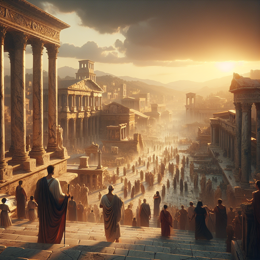 Ancient Roman cityscape at sunset showing grand marble architecture and bustling markets with citizens in traditional Roman attire, painted in the style of 1960s historical epics.