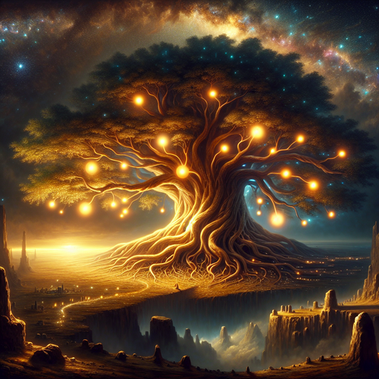 A majestic ancient ash tree with sprawling roots and branches connecting glowing realms under a starry Norse-inspired night sky, painted in a Roman historical epic style.