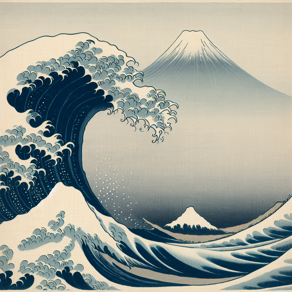 A minimalistic depiction of a majestic Japanese wave curling in front of Mount Fuji, rendered in soft blues and whites with a serene, balanced composition inspired by traditional ukiyo-e art.
