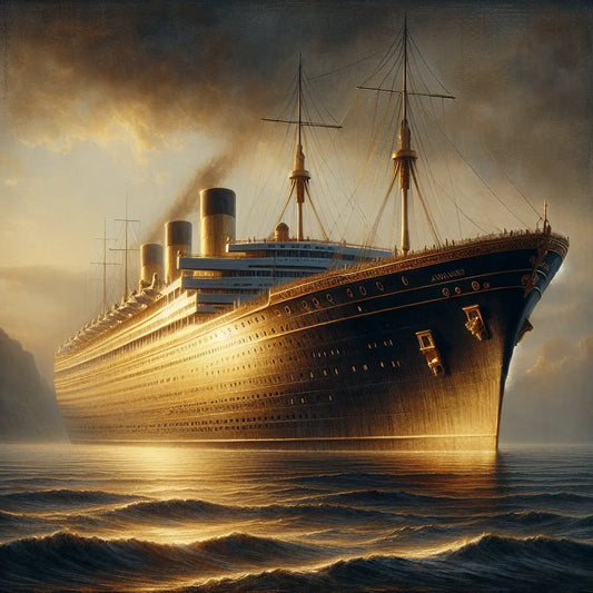 A majestic luxury cruise ship with Scandinavian design elements sails calmly on ocean waves at golden sunset, painted in a cinematic Roman historical epic style.