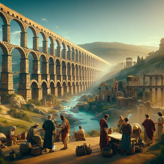 Majestic Roman aqueduct spanning a lush valley with flowing water beneath and ancient city ruins, depicted in the style of a 1960s historical Roman epic painting.