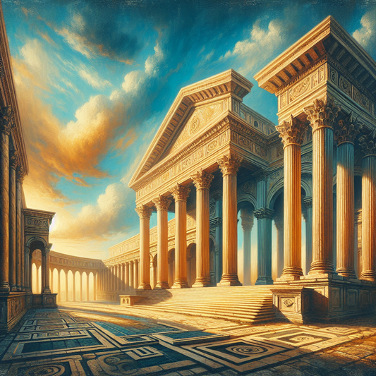 Majestic ancient Roman Greco architecture with grand columns and arches bathed in warm sunlight under a clear blue sky, evoking timeless classical beauty.
