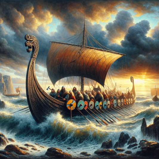 A majestic Viking longship sails through stormy seas at dawn, with Viking warriors braving the waves, depicted in a cinematic 1960s historical epic painting style.