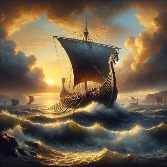 Majestic Viking ship with a dragon-headed prow sailing at dawn through misty waves, under dramatic Nordic skies with soft golden light, rendered in a cinematic Roman historical epic style.