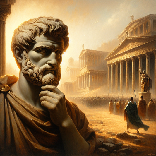 Marble bust of Emperor Marcus Aurelius with a stoic expression, classical toga, set against ancient Roman architecture and battlefields in a cinematic painterly style.