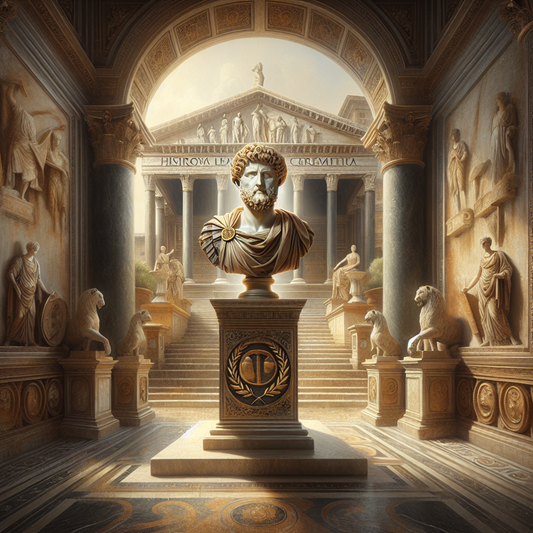 Bust of Roman Emperor Marcus Aurelius adorned with a laurel wreath, surrounded by symbols of Stoic virtues such as courage, wisdom, and justice, set in a classical Roman architectural environment with warm, cinematic lighting.