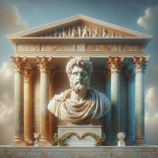 Classical marble bust of Marcus Aurelius with a calm expression, set among Roman marble columns and laurel wreaths, illuminated by soft natural light in a historical epic painting style.
