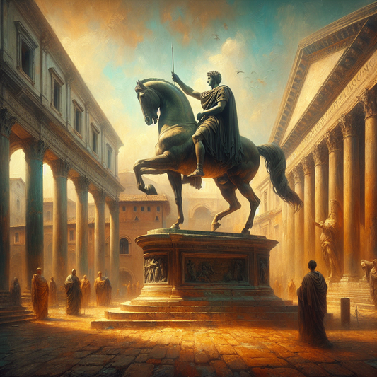 Bronze equestrian statue of Marcus Aurelius in a serene Roman square with classical architecture and thoughtful toga-clad figures, in the style of a 1960s historical epic painting.