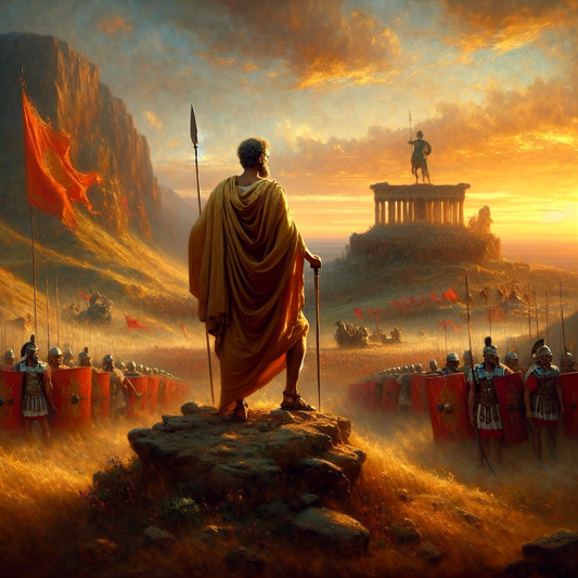 Marcus Aurelius in philosopher's robes and armored Maximus with sword and shield stand side by side on a Roman battlefield at sunset, styled like a 1960s historical epic painting.