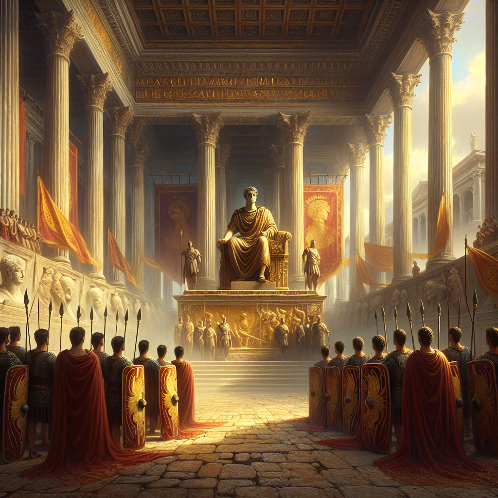 Marcus Aurelius Maximus stands calmly surrounded by Roman legionaries holding shields with Jupiter's lightning bolts in a classical Roman architectural setting, painted in a 1960s historical epic style.