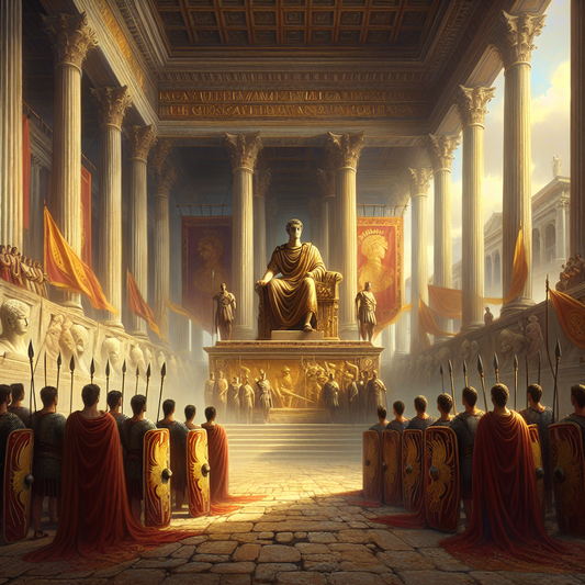 Marcus Aurelius Maximus stands calmly surrounded by Roman legionaries holding shields with Jupiter's lightning bolts in a classical Roman architectural setting, painted in a 1960s historical epic style.