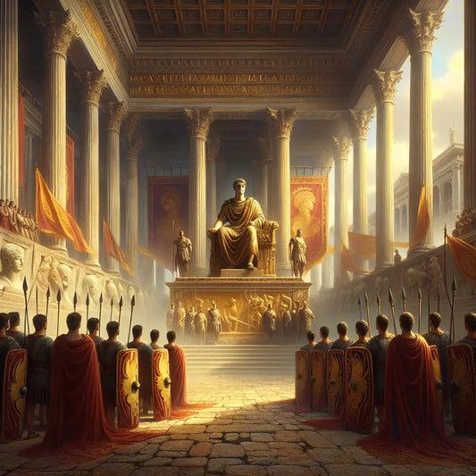 Marcus Aurelius Maximus stands calmly surrounded by Roman legionaries holding shields with Jupiter's lightning bolts in a classical Roman architectural setting, painted in a 1960s historical epic style.
