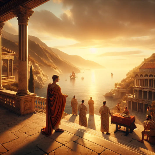 Marcus Aurelius stands solemnly on a marble balcony overlooking the Mediterranean at sunrise, surrounded by Roman philosophers and classical architecture, evoking calm and Stoic reflection.