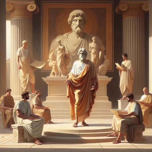 Cinematic painting of Marcus Aurelius in classical robes with serene expression, surrounded by philosophical symbols like scrolls and laurel wreath in ancient Rome setting, inspired by 1960s Roman historical epics.