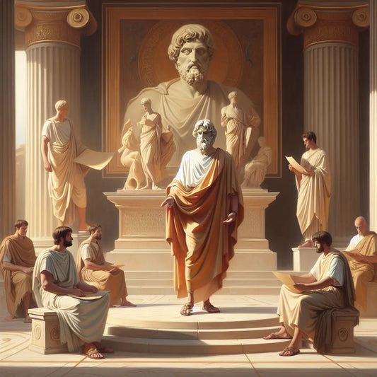 Cinematic painting of Marcus Aurelius in classical robes with serene expression, surrounded by philosophical symbols like scrolls and laurel wreath in ancient Rome setting, inspired by 1960s Roman historical epics.