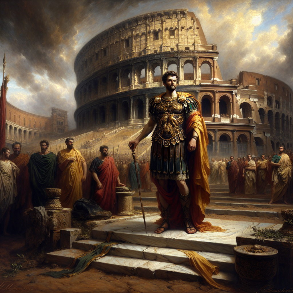 Portrait of Marcus Aurelius as a Roman emperor in regal armor, standing before the Colosseum under stormy skies, reflecting Stoic calm and leadership in a 1960s film style.