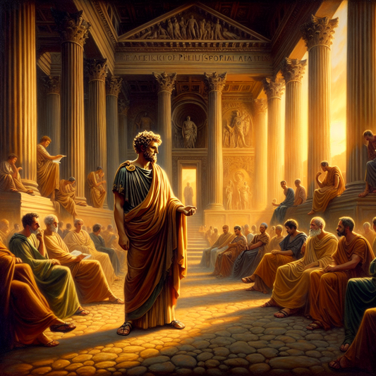 Marcus Aurelius stands in contemplation amidst the Roman Forum, surrounded by representations of Stoicism and early Christians, capturing the philosophical diversity of his time.