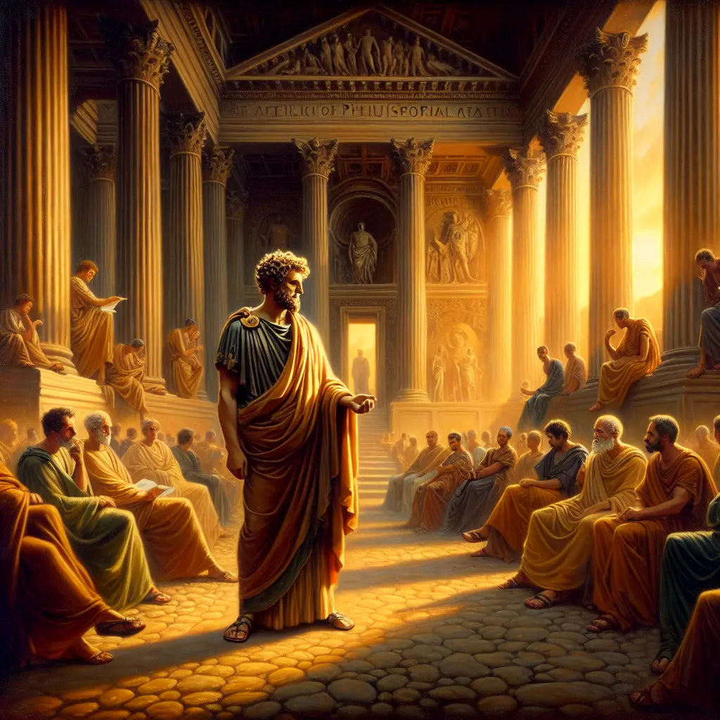 Marcus Aurelius stands in contemplation amidst the Roman Forum, surrounded by representations of Stoicism and early Christians, capturing the philosophical diversity of his time.