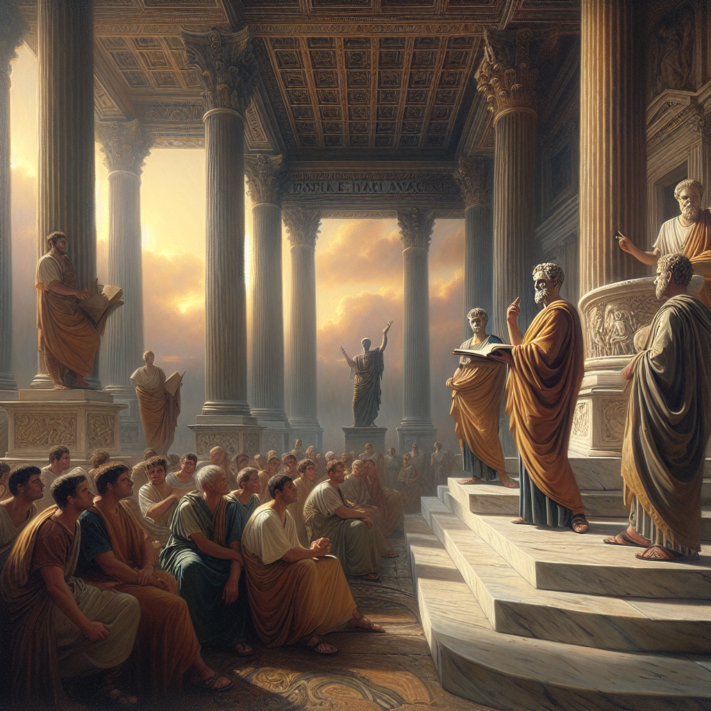 Marcus Aurelius, Seneca, and Epictetus depicted together in ancient Roman forum, surrounded by classical architecture, embodying resilience and wisdom in a 1960s epic film painting style.