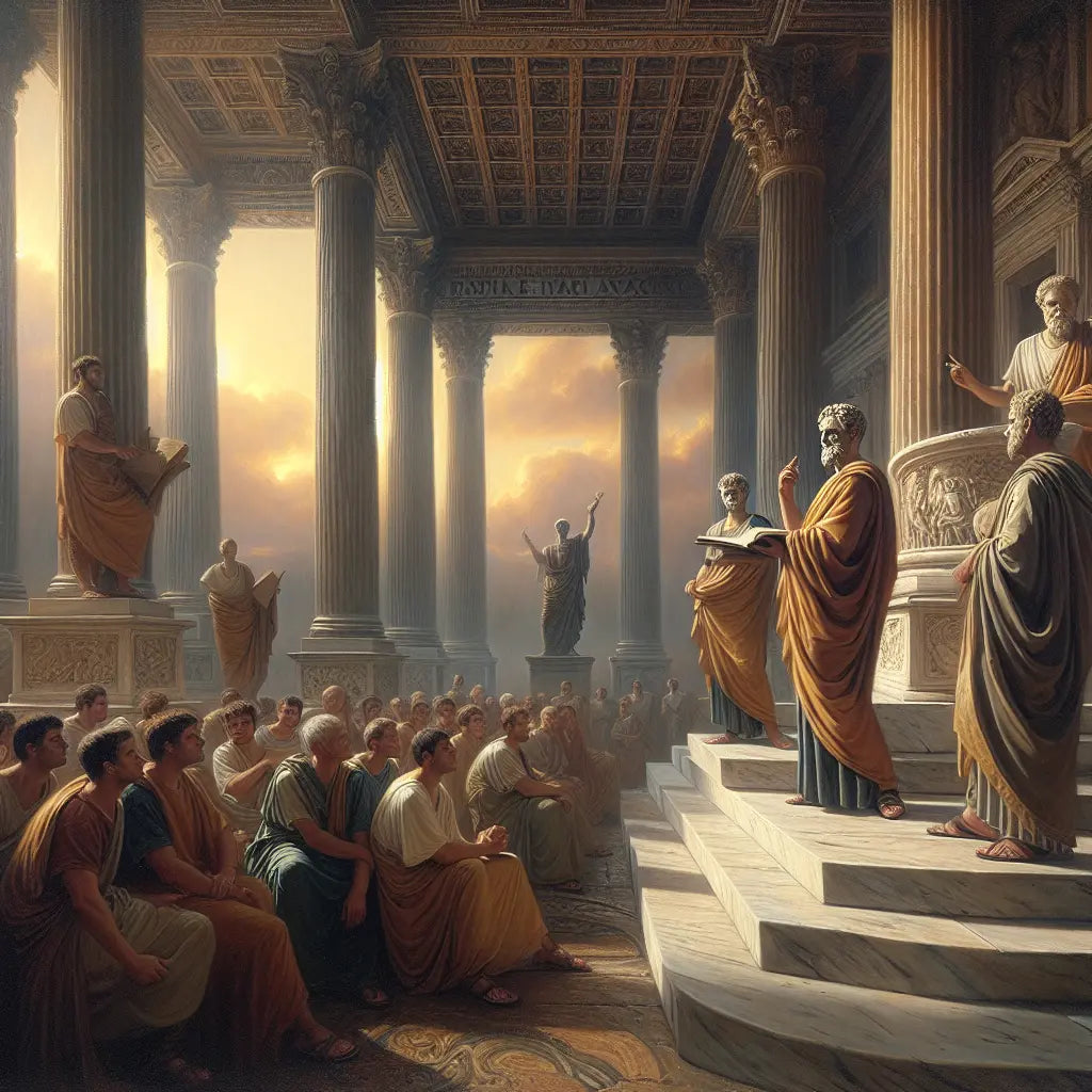 Marcus Aurelius, Seneca, and Epictetus depicted together in ancient Roman forum, surrounded by classical architecture, embodying resilience and wisdom in a 1960s epic film painting style.