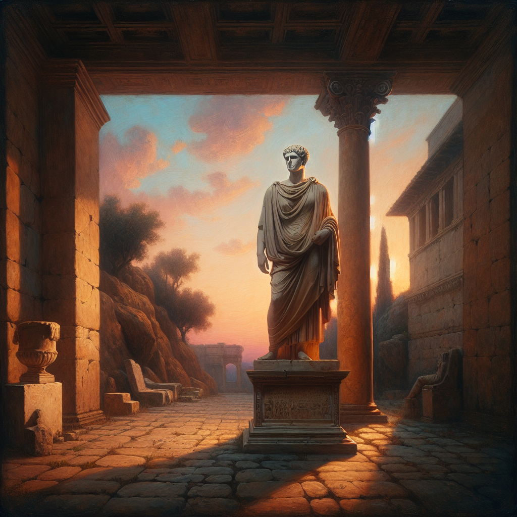 Ancient Roman statue of Marcus Aurelius gazing thoughtfully at dawn with a soft pastel sky symbolizing Stoicism and peace.
