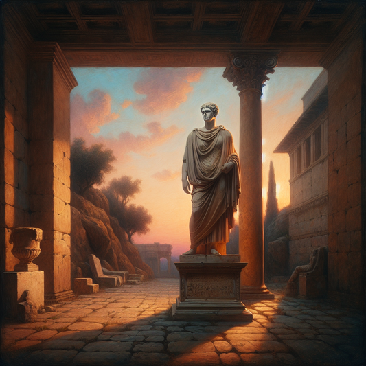 Ancient Roman statue of Marcus Aurelius gazing thoughtfully at dawn with a soft pastel sky symbolizing Stoicism and peace.