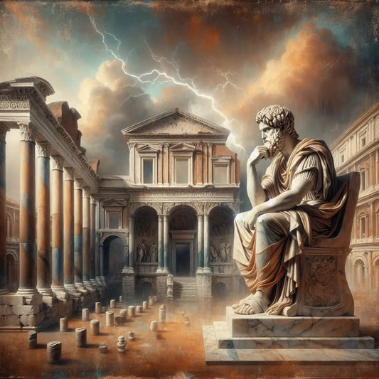 Classical Roman statue of Marcus Aurelius in a contemplative pose against ancient Roman architectural backdrop with subtle lightning bolt overlay symbolizing strength and wisdom.