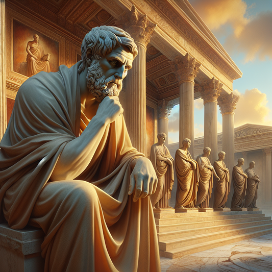 A majestic statue of Marcus Aurelius, Roman emperor and Stoic philosopher, set against ancient Roman architecture with warm sunlight and calm atmosphere, in a 1960s historical epic painting style.