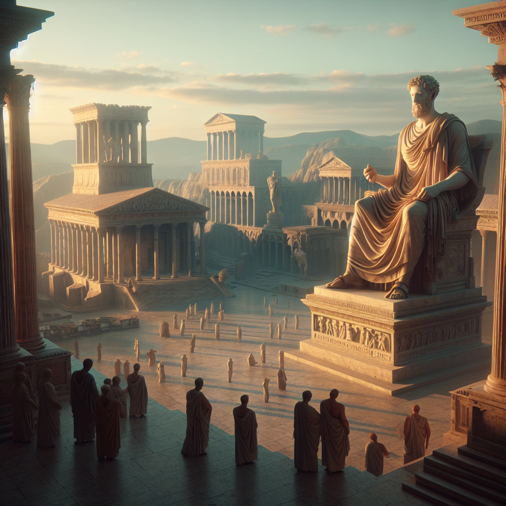 Monumental statue of Marcus Aurelius in philosopher's toga overlooking the Roman Forum with ancient temples and citizens beneath, rendered in a cinematic 1960s historical epic painting style.