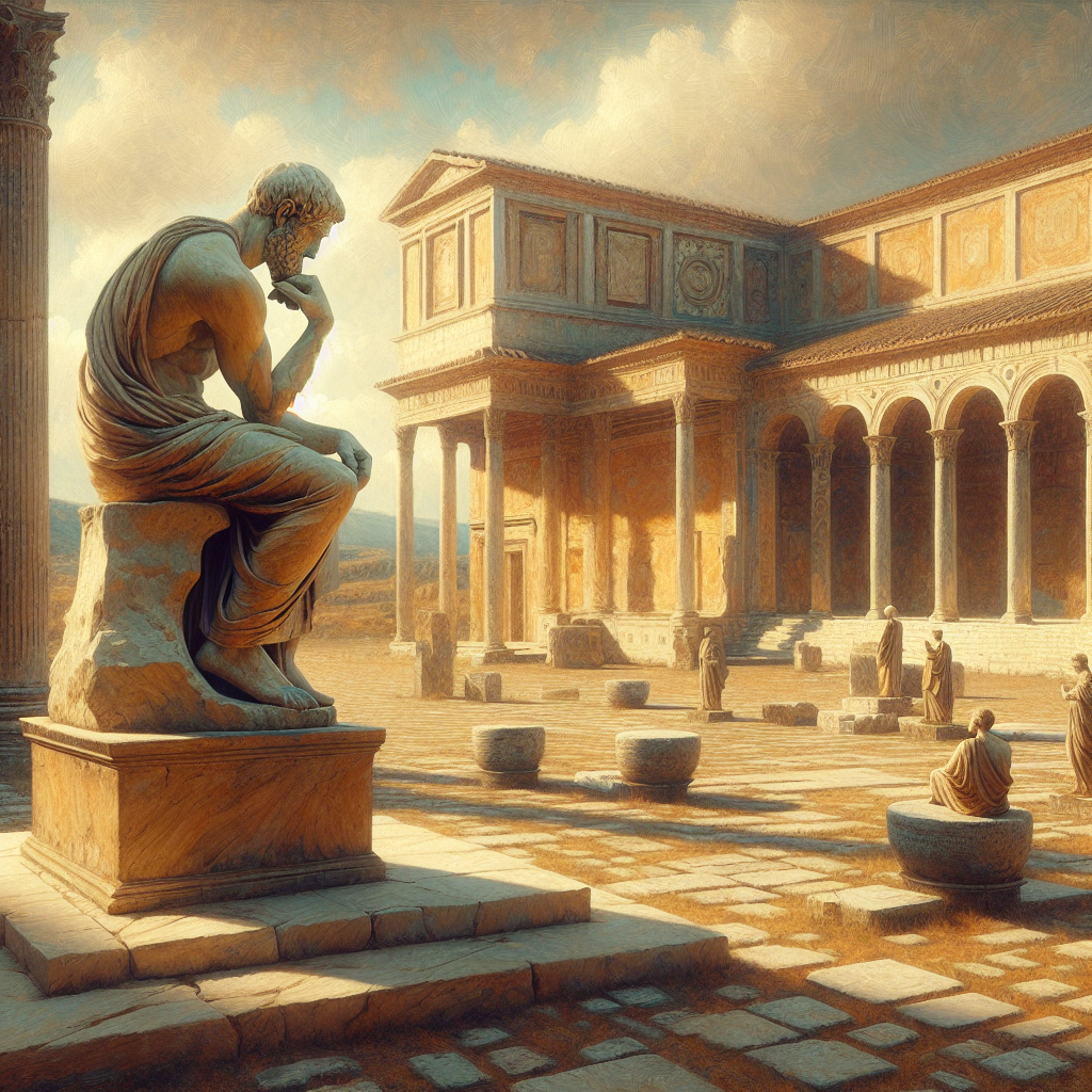 The serene statue of Marcus Aurelius in a sunlit Roman forum, surrounded by toga-clad figures, capturing a contemplative moment in a warm, classical setting inspired by 1960s historical epics.