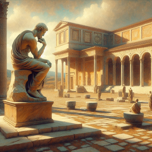 The serene statue of Marcus Aurelius in a sunlit Roman forum, surrounded by toga-clad figures, capturing a contemplative moment in a warm, classical setting inspired by 1960s historical epics.
