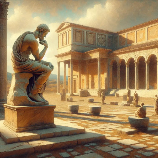 The serene statue of Marcus Aurelius in a sunlit Roman forum, surrounded by toga-clad figures, capturing a contemplative moment in a warm, classical setting inspired by 1960s historical epics.