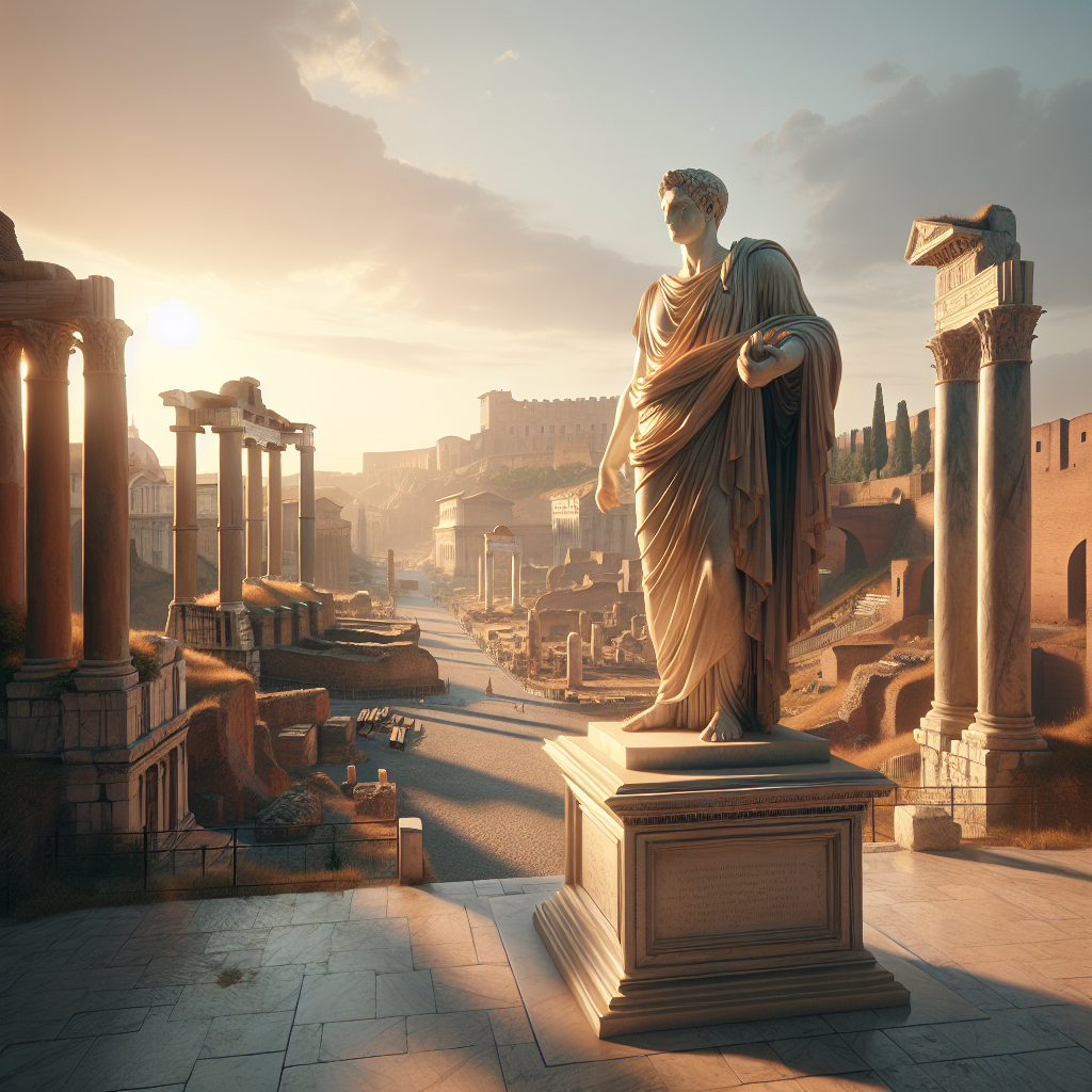 Majestic bronze statue of Marcus Aurelius in Roman armor on a marble pedestal overlooking the Roman Forum at sunset, bathed in warm golden light with ancient ruins in the background.