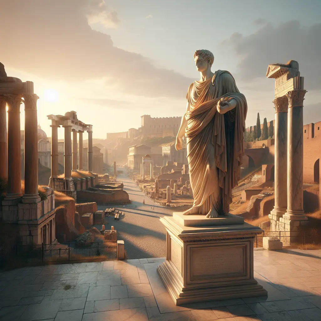 Majestic bronze statue of Marcus Aurelius in Roman armor on a marble pedestal overlooking the Roman Forum at sunset, bathed in warm golden light with ancient ruins in the background.