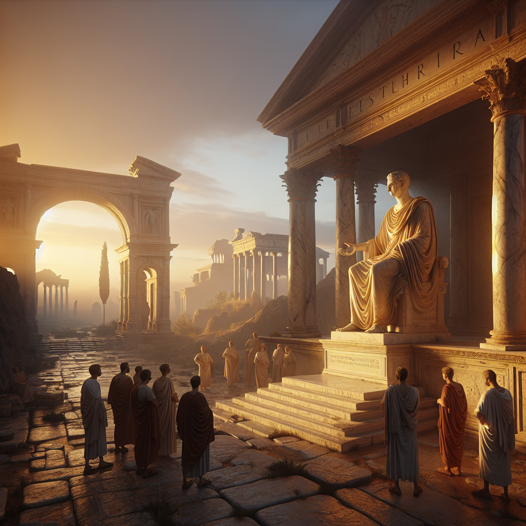 Marble statue of Emperor Marcus Aurelius with a thoughtful expression in an ancient Roman forum, bathed in warm dawn light, styled like a 1960s historical painting.