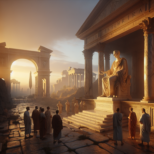 Marble statue of Emperor Marcus Aurelius with a thoughtful expression in an ancient Roman forum, bathed in warm dawn light, styled like a 1960s historical painting.