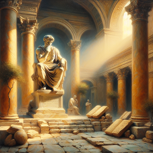 A classical marble statue of Marcus Aurelius in thoughtful meditation, surrounded by ancient scrolls and bathed in soft golden light within a Roman temple courtyard.
