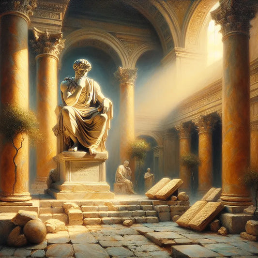 A classical marble statue of Marcus Aurelius in thoughtful meditation, surrounded by ancient scrolls and bathed in soft golden light within a Roman temple courtyard.