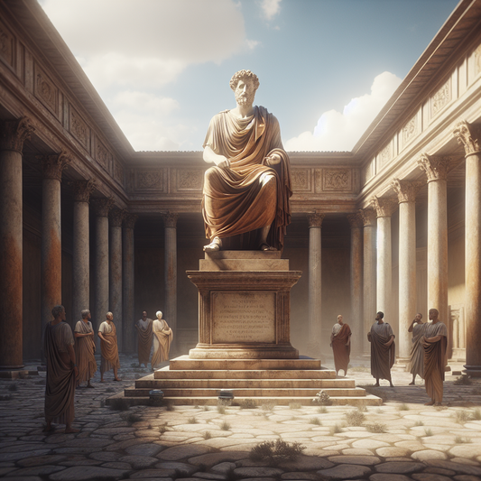 Majestic marble statue of Marcus Aurelius in a tranquil ancient Roman courtyard, bathed in soft natural light with a minimalist garden background, evoking timeless stoic wisdom.