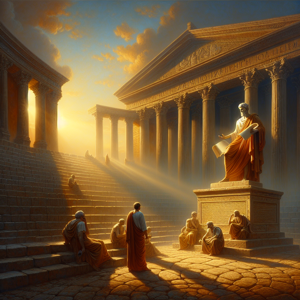 Statue of Marcus Aurelius under soft morning light with ancient Roman columns and a calm sky, symbolizing Stoic wisdom and reflection.