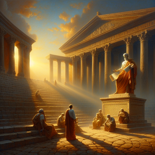 Statue of Marcus Aurelius under soft morning light with ancient Roman columns and a calm sky, symbolizing Stoic wisdom and reflection.